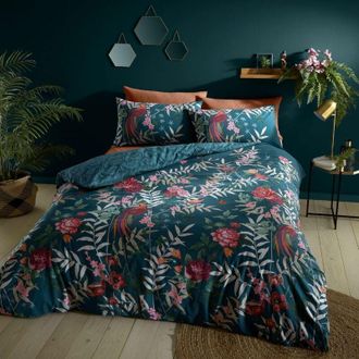Catherine Lansfield Catherine Lansfield - Set copripiumino matrimoniale reversibile con federe, motivo uccelli tropicali, colore: verde
