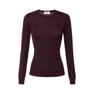 Elisabetta Franchi Round-neck Knitwear, female, Brown, Size: M Jacquard Wool Sweater with Micro-Logo