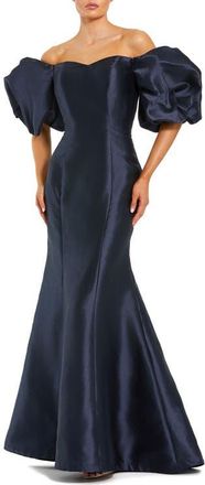 Mac Duggal Petite Sweetheart Off The Shoulder Puff Sleeve Gown in Midnight at Nordstrom, Size 12