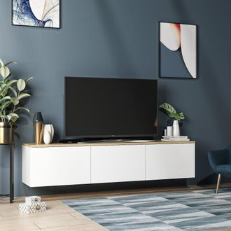 Dmora Mueble Para Tv Pianiga, 3 Puertas, 3 Compartimentos, Apertura Abatible, 160x32x35h Cm Blanco