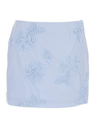 Rotate Light Blue Mini Skirt With Low Waist And All-Over Floral Motif In Cotton Woman