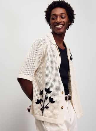 Only & Sons Mens Embroidered flower Polo Shirt-collar cardigan