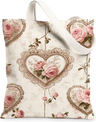 Generic Vintage Floral Canvas Tote Bags, Elegant Heart Pattern Reusable Grocery Bags, Lightweight Washable Shoulder Strap Canvas Fo, Peach, 13x15 Inch