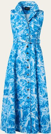 Akris Whitecaps Print Denim Belted Midi Shirtdress