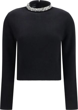Pinko Black Cropped Wool Sweater with Embellished Neckline