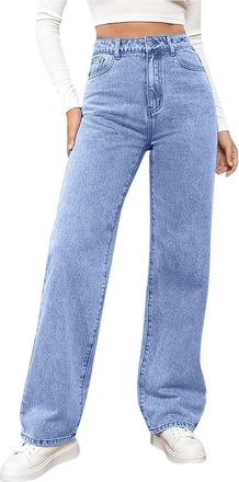 Generic Wide Leg Jeans for Women UK Elasticated High Waist Flare Denim Trousers Baggy Stretch Straight Leg Jeans Loosefit Y 2K Slim Fit Boyfriend Denim Pants 