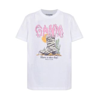 Ganni Printed Cotton T-shirt - female - Ganni - T-Shirts - White - XS - Tops