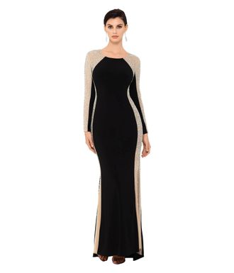 Xscape Womens Scuba V-Neck Ruffle 3/4 Sleeve Midi Dress Special Occasion, Blknudslvr, 10