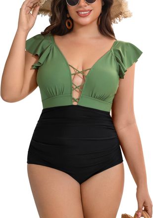 SHEKINI Plus Size One Piece Swimwear for Women Sexy Deep V Padded Vintage Ruffle Backless Swimming Costume Swimsuit Tummy Control Beach Bathing Swim Suit, Gre