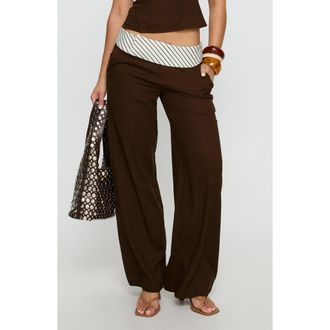 Princess Polly Past Life Foldover Waist Wide Leg Pants in Brown/stripe at Nordstrom, Size 10