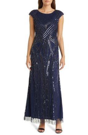 Pisarro Nights Embellished Cap Sleeve Gown in Navy at Nordstrom Rack, Size 8