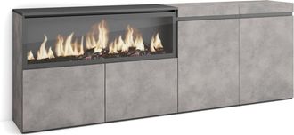 Skraut Home Aparadores Para Sal&oacute;n, Gran Capacidad De Almacenaje, 210, 4 Puertas, Chimenea El&eacute;ctrica Xxl, Estilo Moderno, Gris Cemento - Skraut Home