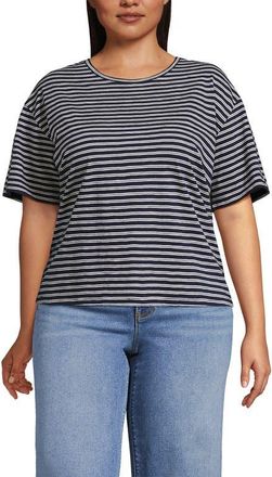 Lands End Short Sleeve Slub Jersey Cutwork T-Shirt in Faded Navy/ivory Latte Stripe at Nordstrom, Size 2X