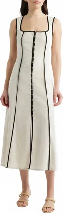 ZOE AND CLAIRE Contrast Piping Square Neck Button-Up Midi Dress In White