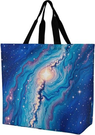 Generic Blue Galaxy Pattern Tote Bag Reusable Grocery Bag Portable Shoulder Bags For Casual College Work
