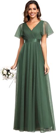 Ever-pretty Womens V Neck Floor Length A Line Empire Wasit Short Sleeve Tulle Long Bridesmaid Dresses Eucalyptus 8