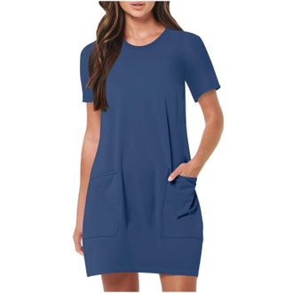 Generic Womens Short Dress Short Sleeve Womens Light Beach Dress with Pockets Dresses Straight Cut Dresses Loose Casual T-Shirt Round Neck Summer Dresses (Blu