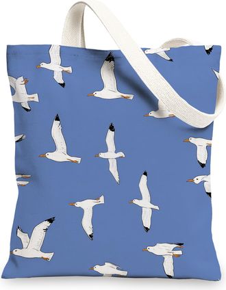 Generic Seagull Canvas Tote Bag, Eco-friendly Reusable Shopping Bags, Lightweight Blue Beach Handbags 13x15 Inch