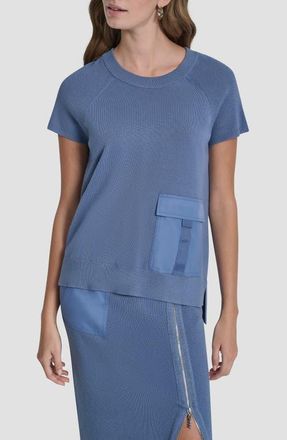 DKNY Satin Pocket Short Sleeve Sweater in Liberty Sky at Nordstrom, Size X-Small