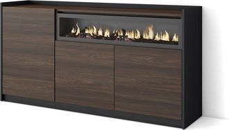 Skraut Home Aparador efecto madera roble oscuro negro 156cm chimenea efecto fuego