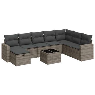 vidaXL Set De Sof&aacute;s De Jard&iacute;n Con Cojines 9 Pzas Rat&aacute;n Sint&eacute;tico Gris Vidaxl