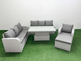 Fimous 8 Seater Poly Rattan Outdoor Garden Furniture Adjustable Lifting Dining or Coffee Table Sofa Set Patio 3 Seater Sofa Reclining Chair 3 Seater