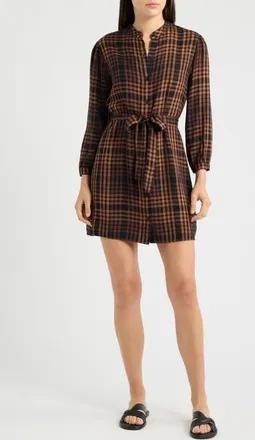 Cloth & Stone Plaid Puff Shoulder Tie Waist Shirtdress in Autumn Ember Plaid at Nordstrom, Size X-Small