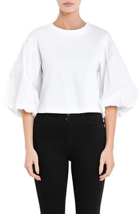 English Factory Puff Sleeve Mixed Media Sweatshirt Top in White at Nordstrom, Size X-Small