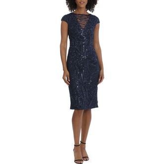 Maggy London Illusion Lace Sequin Embroidered Cap Sleeve Midi Dress in Twilight Navy at Nordstrom Rack, Size 12