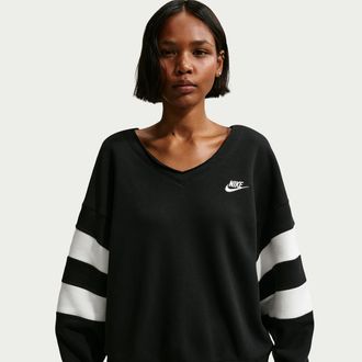 Nike Womens Nike Sportswear Club Fleece Oversized V-Neck Sweatshirt in Red | IQ0084-657