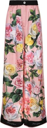 Dolce & Gabbana Zijden pyjamabroek met rozen- en pioenrozenprint - Dames - Wijde Broeken - Veelkleurig - XS - Leer - Broeken