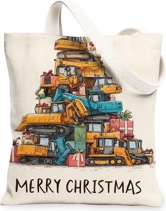 Generic Christmas Construction Vehicle Canvas Tote Bags, Heavy Machinery Design Reusable Grocery Bags, Vintage Lightweight Washable, Beige, 13x15 Inch