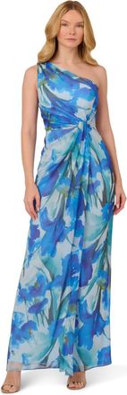 Adrianna Papell Womens Print Chiffon Long Dress - Blue - Size 14 UK