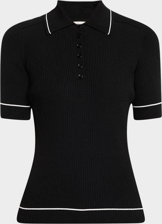 Lafayette 148 New York Ribbed Elbow-Sleeve Polo T-Shirt