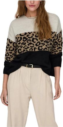 Only Gebreide trui met luipaardprint- lange mouwen en ronde hals - Dames - Ronde hals truien - Beige - L - Polyester - Truien & Vesten