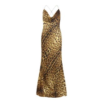 Roberto Cavalli Gowns, female, Beige, S, Long Silk Dress With Jaguar Skin Print