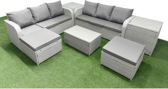 Fimous Outdoor Garden Furniture Sets 8 Seater Wicker Rattan Furniture Sofa Sets with Rectangular Coffee Table high Back Lounge Sofa Stools Side Table Light