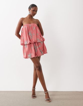 Asos Vestito corto a palloncino a strati rosa decorato