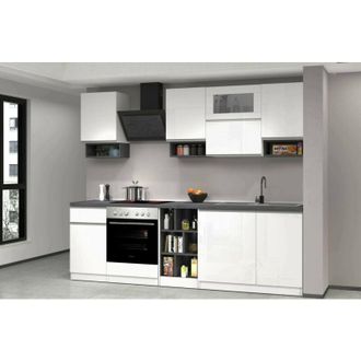 Dmora Dmora - Cucina completa Attiko, Set con dispensa, Mobile per cucinotto, Kit blocco lineare, 100% Made in Italy, 255x60h85 cm, Bianco lucido e Ardesia