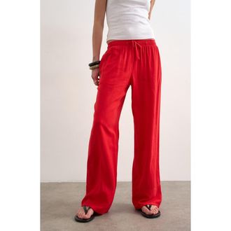 Topshop Linen Blend Straight Leg Pants in Red at Nordstrom, Size 14 Us