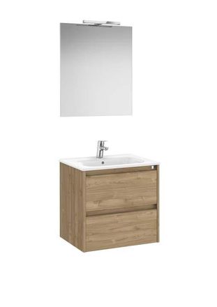 Roca Mueble Lavabo 600mm Tenet 2 Cajones + Espejo Y Aplique Led Nogal