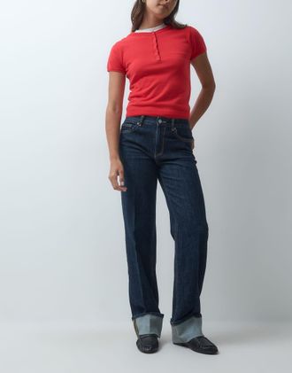 Vero Moda Allison jeans a gamba dritta a vita medio alta con dettagli cuciture e risvolto in denim blu scuro-blu navy