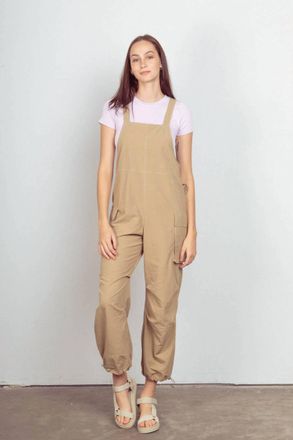 Very J Casual Sleeveless Cargo Jumpsuit In Taupe