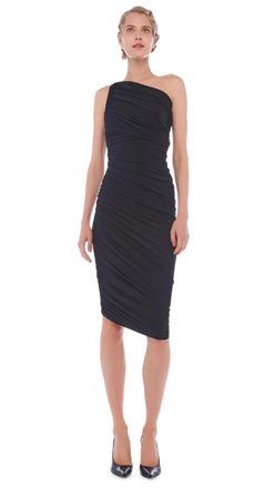 Norma Kamali Diana Dress Black Ruched Asymmetrical Hem Bodycon GBO2126