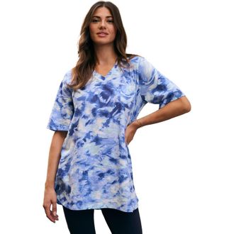 Roaman's Plus Size Slub V-Neck Boyfriend Tunic Top in Indigo Abstract Tie Dye at Nordstrom, Size Medium