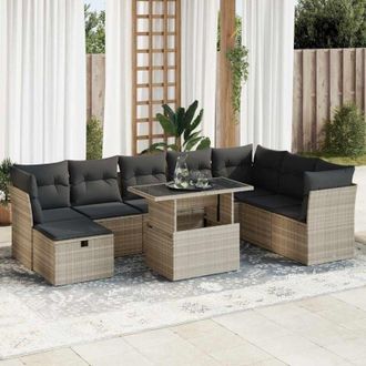 vidaXL Set Muebles Jard&iacute;n 9 Pzas Y Cojines Rat&aacute;n Sint&eacute;tico Gris Claro Vidaxl
