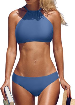 Charmleaks Womens Bikini Set Two Piece High Neck Adjustable Cross Back Swimwear Grey Blue S