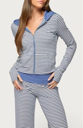 Edikted Meggy Colorblock Stripe Zip Hoodie in Light-Blue-And-White at Nordstrom, Size X-Small
