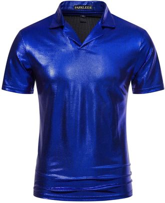 PARKLEES Mens Hipster Metallic Gold Short Sleeve Polo Shirt 70s Disco Nightclub Party T-Shirts Royal XXL