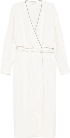Brunello Cucinelli Witte Embellished Wrap Midi Jurk - Dames - Casual kleedjes - Wit - M - Kleedjes